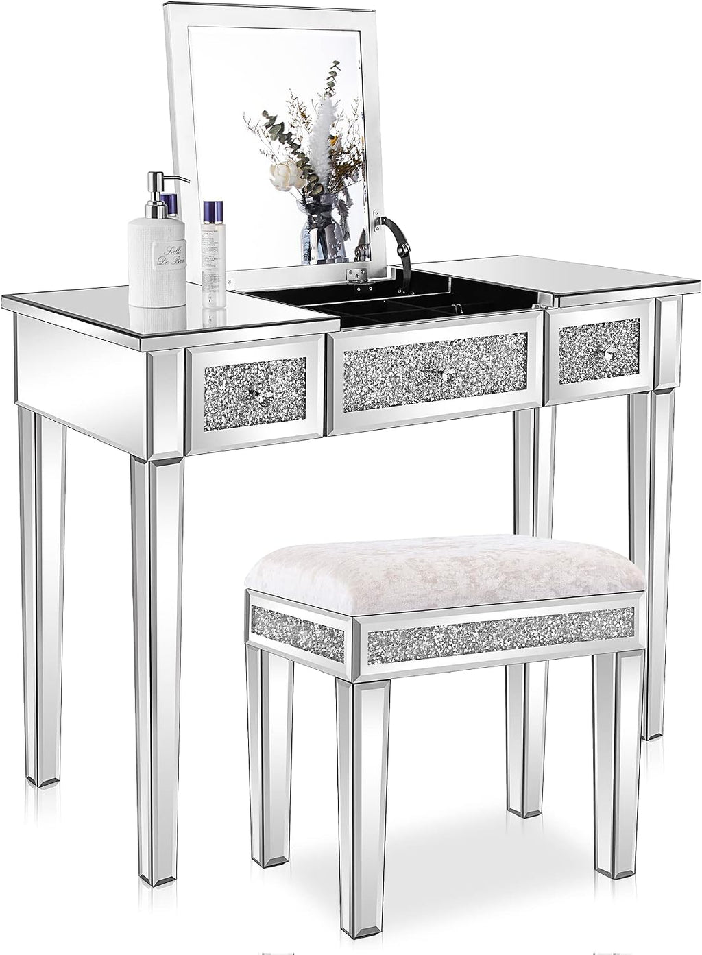 VINGLI Silver Mirrored Vanity Desk, Glass Vanity w/Drawers and Flip Mirror, Bling Mirror Vanity Desk for Women Girls Bedroom, Makeup Room & Office Writing Desk