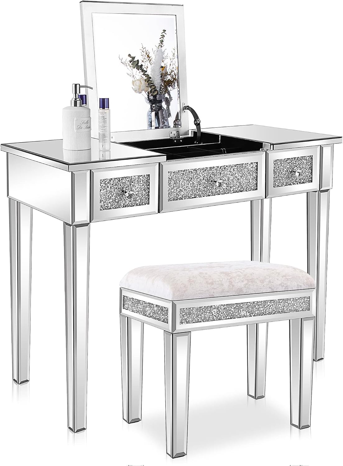 VINGLI Silver Mirrored Vanity Desk, Glass Vanity w/Drawers and Flip Mirror, Bling Mirror Vanity Desk for Women Girls Bedroom, Makeup Room & Office Writing Desk