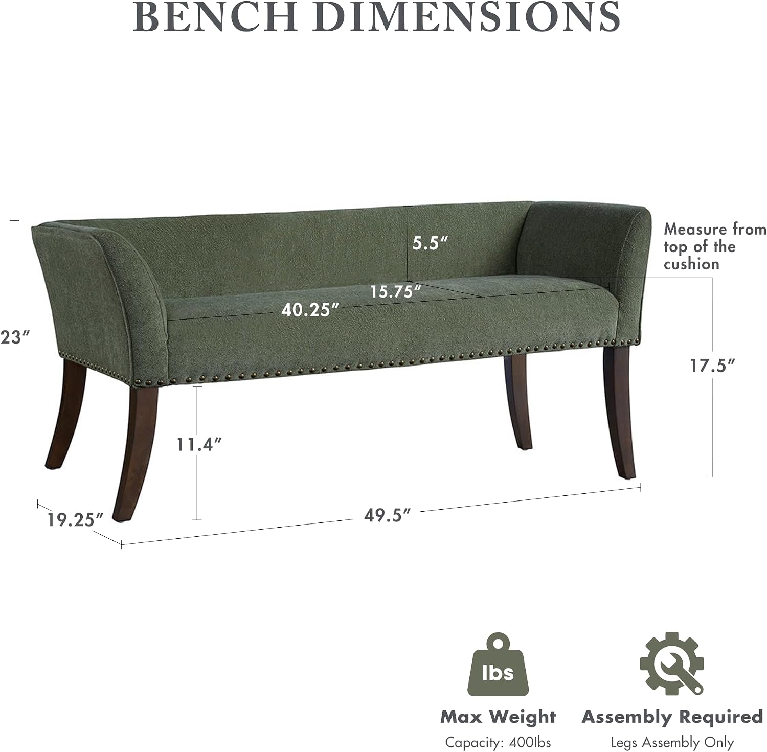 Madison Park Accent Bench, Plush Upholstered, Nailhead Trim, & Padded Seat Entryway Bench Small, End of Bed Bench with Back, 49.5' W x 19.25' D x 23' H, Green