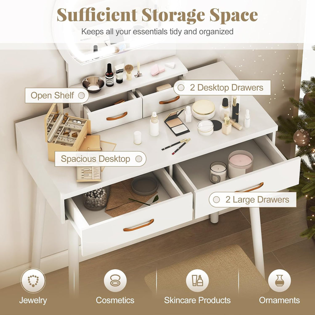 COSTWAY Small Vanity Desk with Mirror and Lights, Makeup Table with 4 Drawers, Vanity Stool, Round Lighted Mirror, 3 Color Modes, Dressing Table Set for Bedroom Small Space (White)