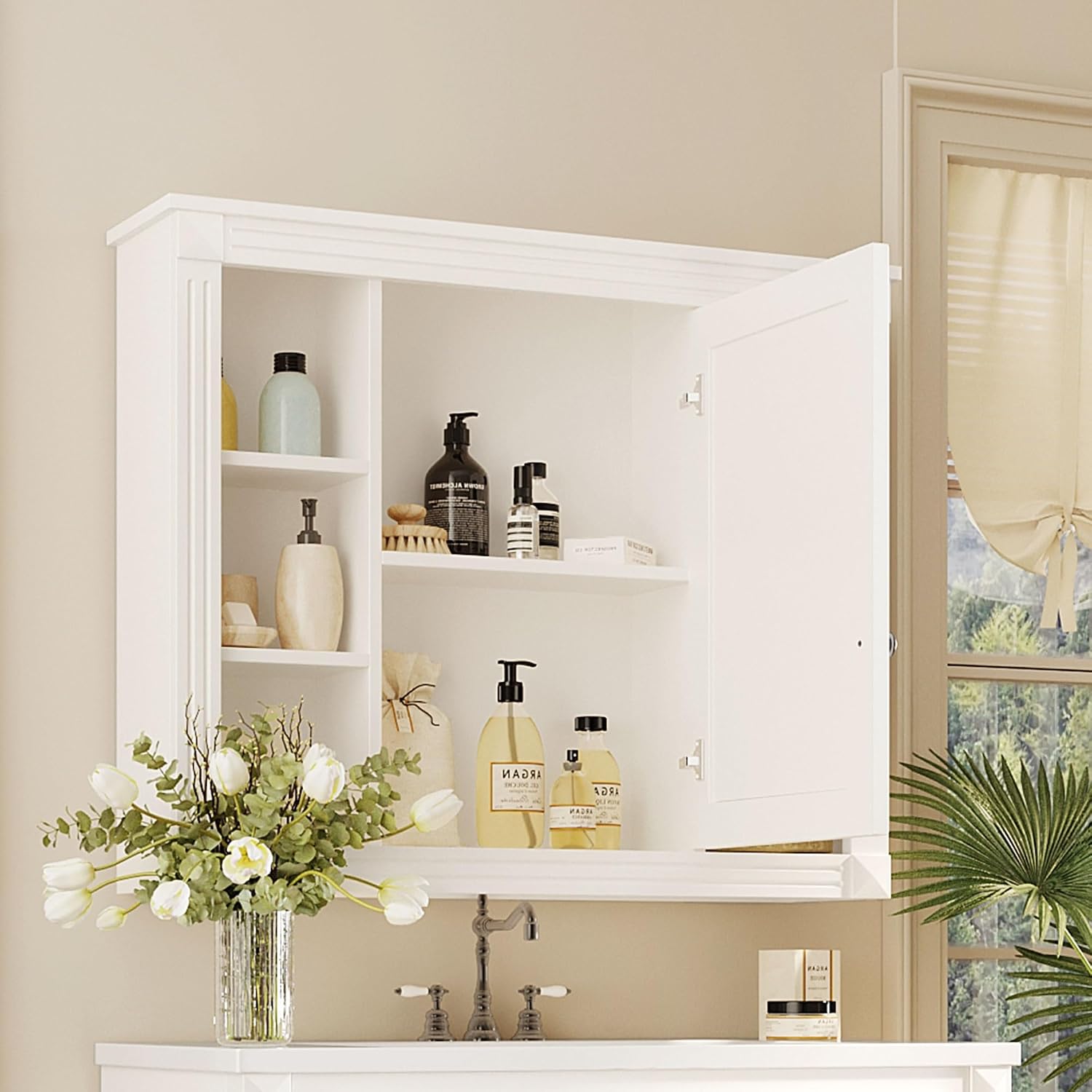 Merax Medicine Cabinet with Mirror, Wall Mount Bathroom Cabinet 35' x 28' Over Toilet Storage Cabinet Organizer with Door and Open Shelves, Mirrored Bathroom Wall Cabinet