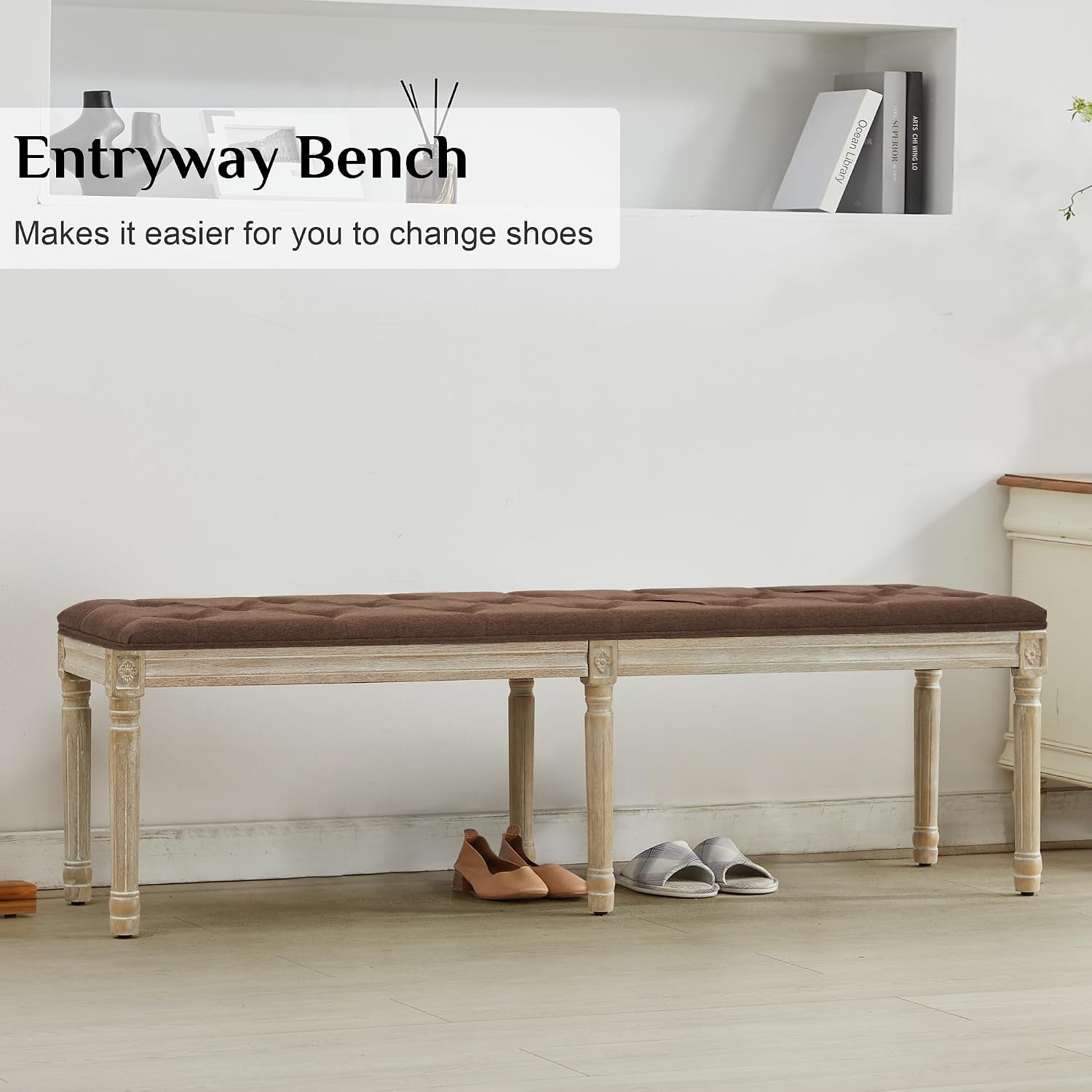 LOULENS 57.7' Linen Fabric End of Bed Bench, French Upholstered Button Tufted Bench for Bedroom End of Bed King Size, Window Seat with Carved Wood Legs for Bedroom, Living Room, Entryway, Brown
