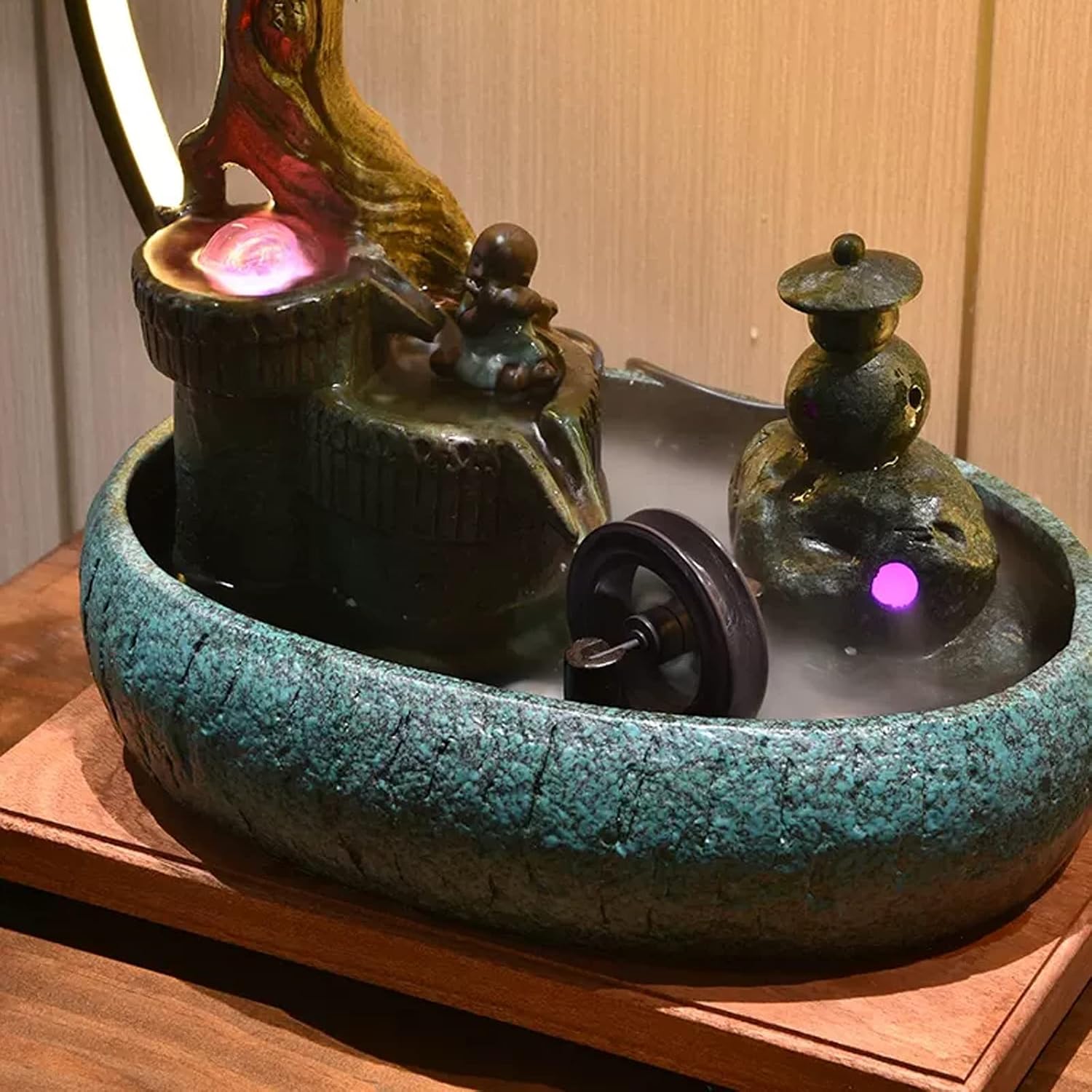 Desktop Fountain Ceramic Tabletop Fountain Artificial Bonsai Design Water Features Relaxation Waterfall Table Ornaments for Home Living Room Office Decoration(Black)