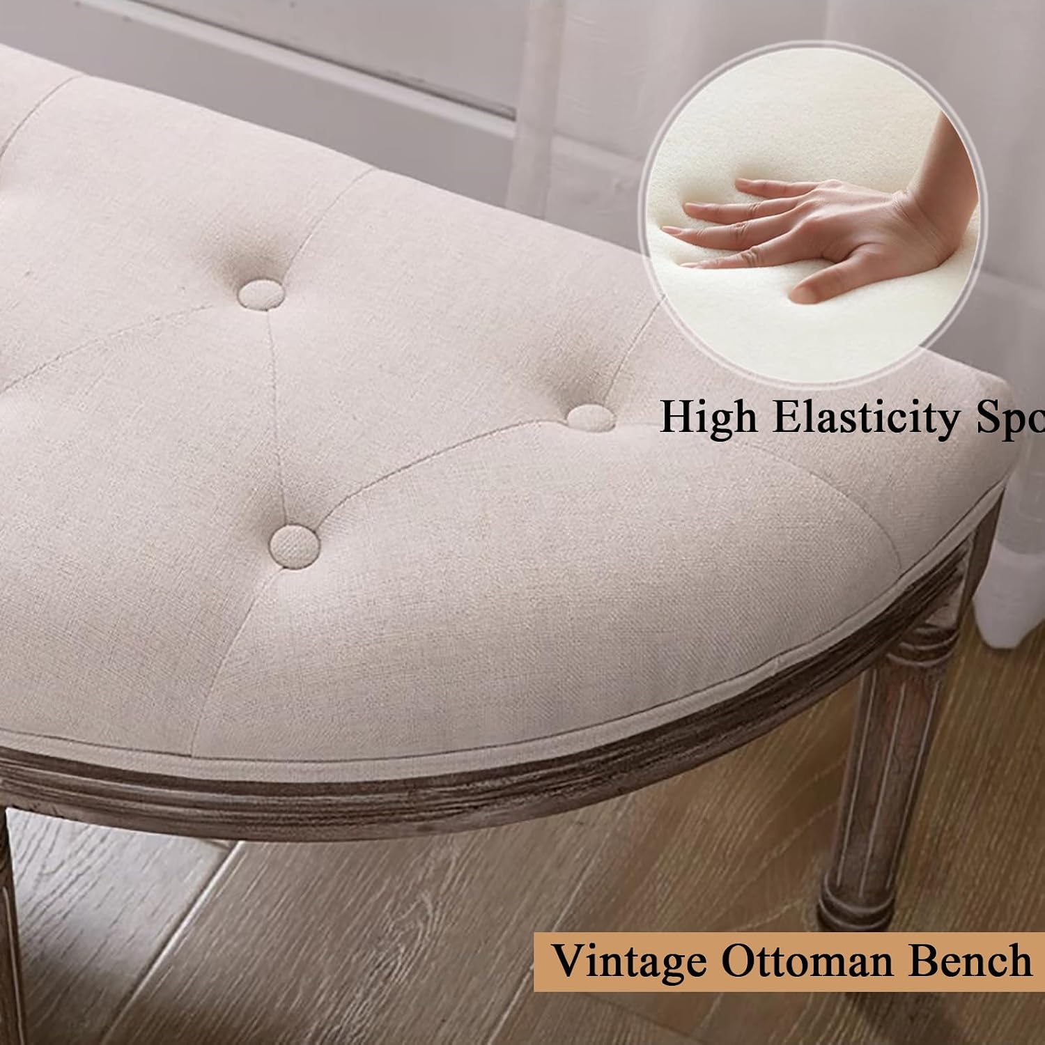 Solid Wood Vanity Bench,Moon Half Entryway Shoe Bench,Comfy Upholstered Piano Bench,Vintage Ottoman Bench,Home Decor Sofa Bench Bedroom Bench (49.21″W×16.54″D×18.5″H, Linen Cotton C Gray)