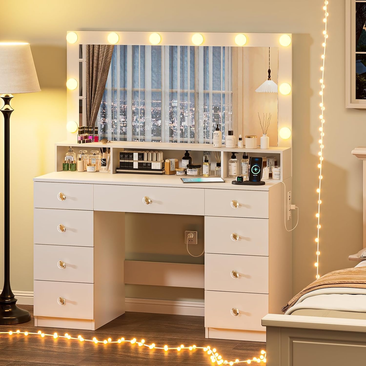 White Vanity with Lighted Mirror, Makeup Vanity Desk with Power Outlet, 9 Drawers & Shelf Storage, 43.3' Large Vanity Desk, Women Girls Vanity Dressing Table for Bedroom Bathroom