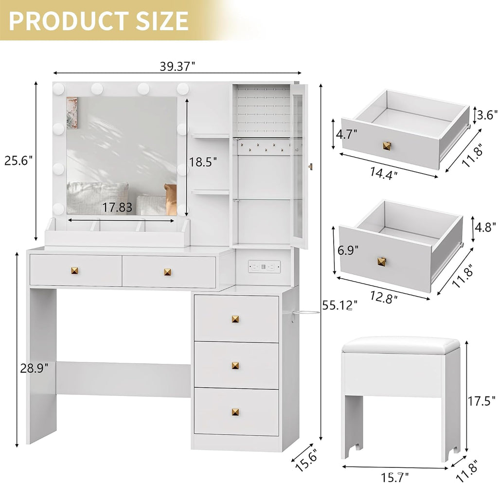 Vanity Desk with Mirror and Lights, Makeup Vanity Table Set with 5 Storage Drawers, Power Outlet & Chair, Small Dressing Table with RGB Ambient Light, Adjustable Brightness for Girls Bedroom, White