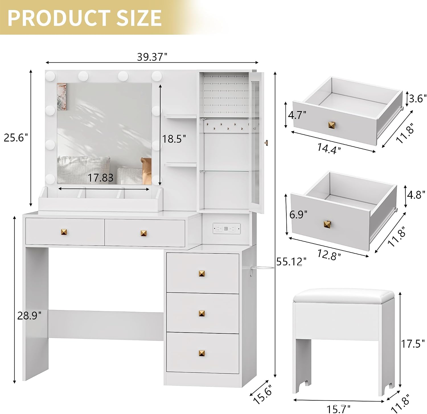 Vanity Desk with Mirror and Lights, Makeup Vanity Table Set with 5 Storage Drawers, Power Outlet & Chair, Small Dressing Table with RGB Ambient Light, Adjustable Brightness for Girls Bedroom, White