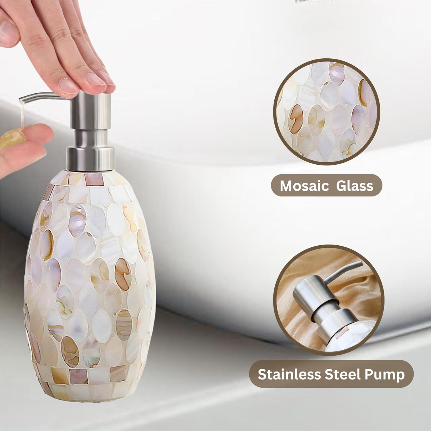 Natural Shell Bathroom Accessories Sets 5 Pcs | Luxurious Glass Soap Dispenser, Toothbrush Holder, Cotton Glass Jar, Small Bathroom Trash Can, Toilet Brush | Modern Seashell Bathroom Decor