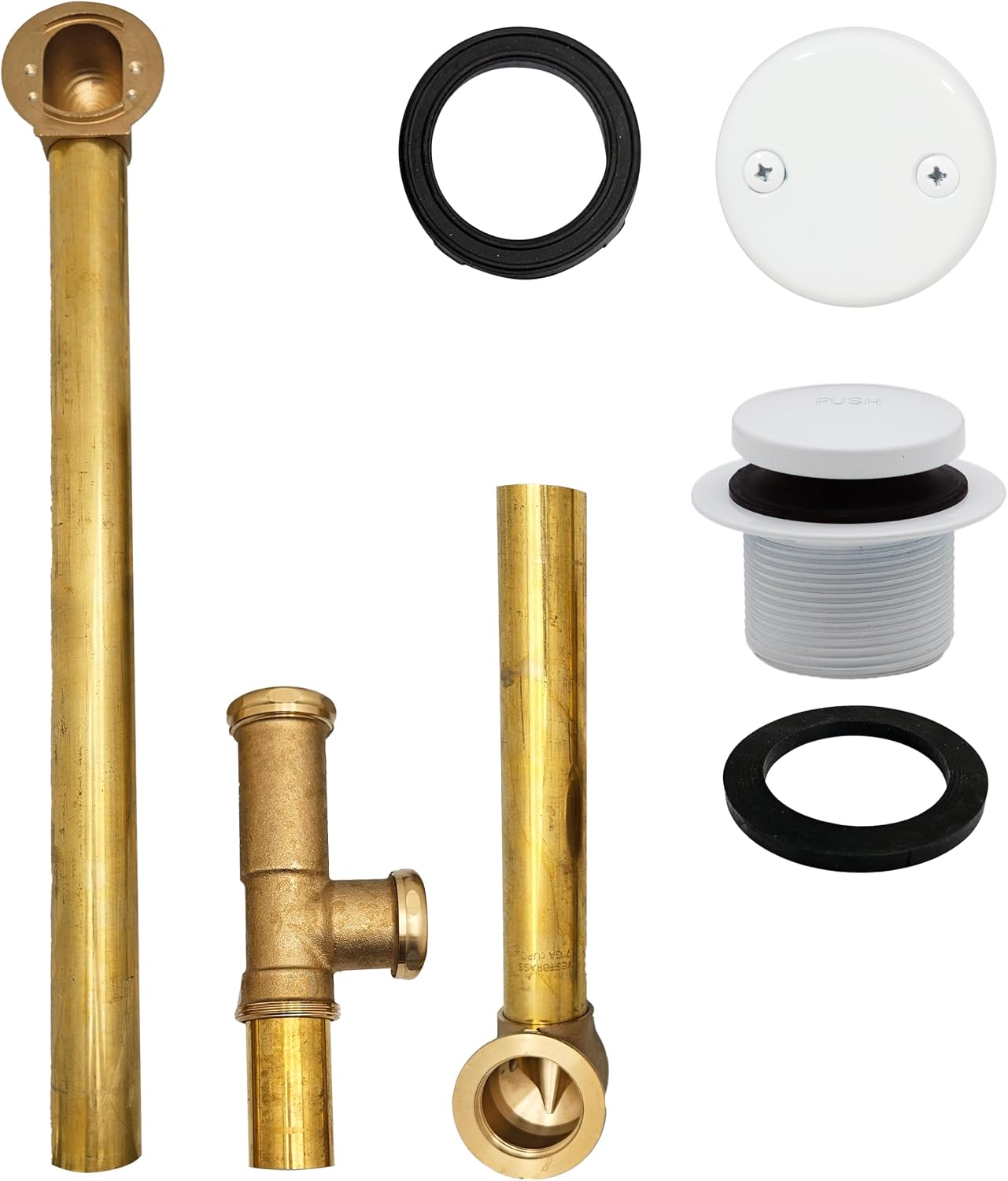 Westbrass A326-50 22-1/2' Brass Bath Waste & Overflow Assembly with Tip-Toe Drain Plug and 2-Hole Faceplate, Powder Coat White