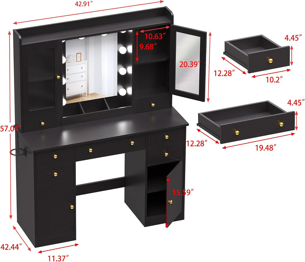 Wodeer Vanity Desk with Mirror and Lights, 43' Black Makeup Vanity Set with 5 Drawers & Glass Cabinets, Power Outlet, Adjustable LED Lights & Makeup Tray, Dressing Table for Women & Girls Bedroom