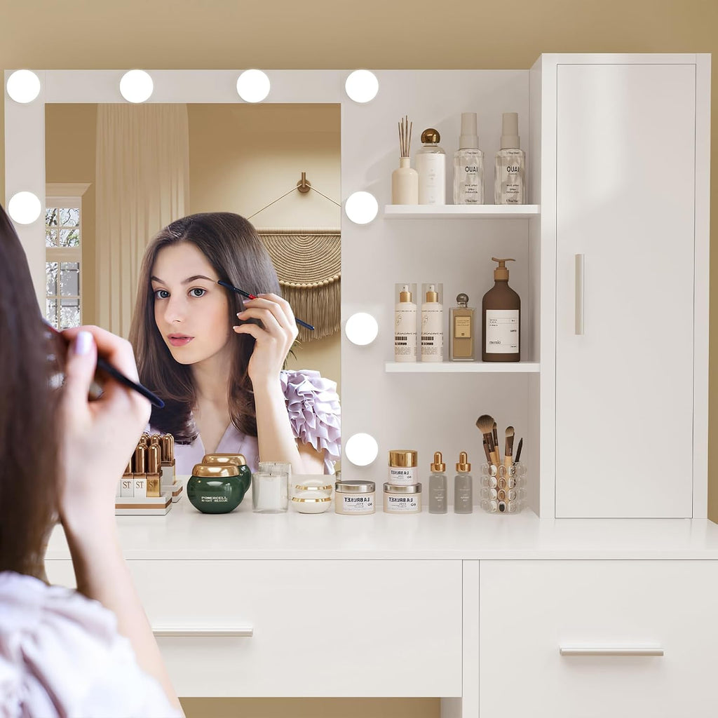 usikey Makeup Vanity with Lights, Vanity Desk with Mirror and 10 LED Lights, White Table with 4 Drawers, Cabinet & 4 Necklace Hooks, Dressing Table for Bedroom,Grils Vanity, White