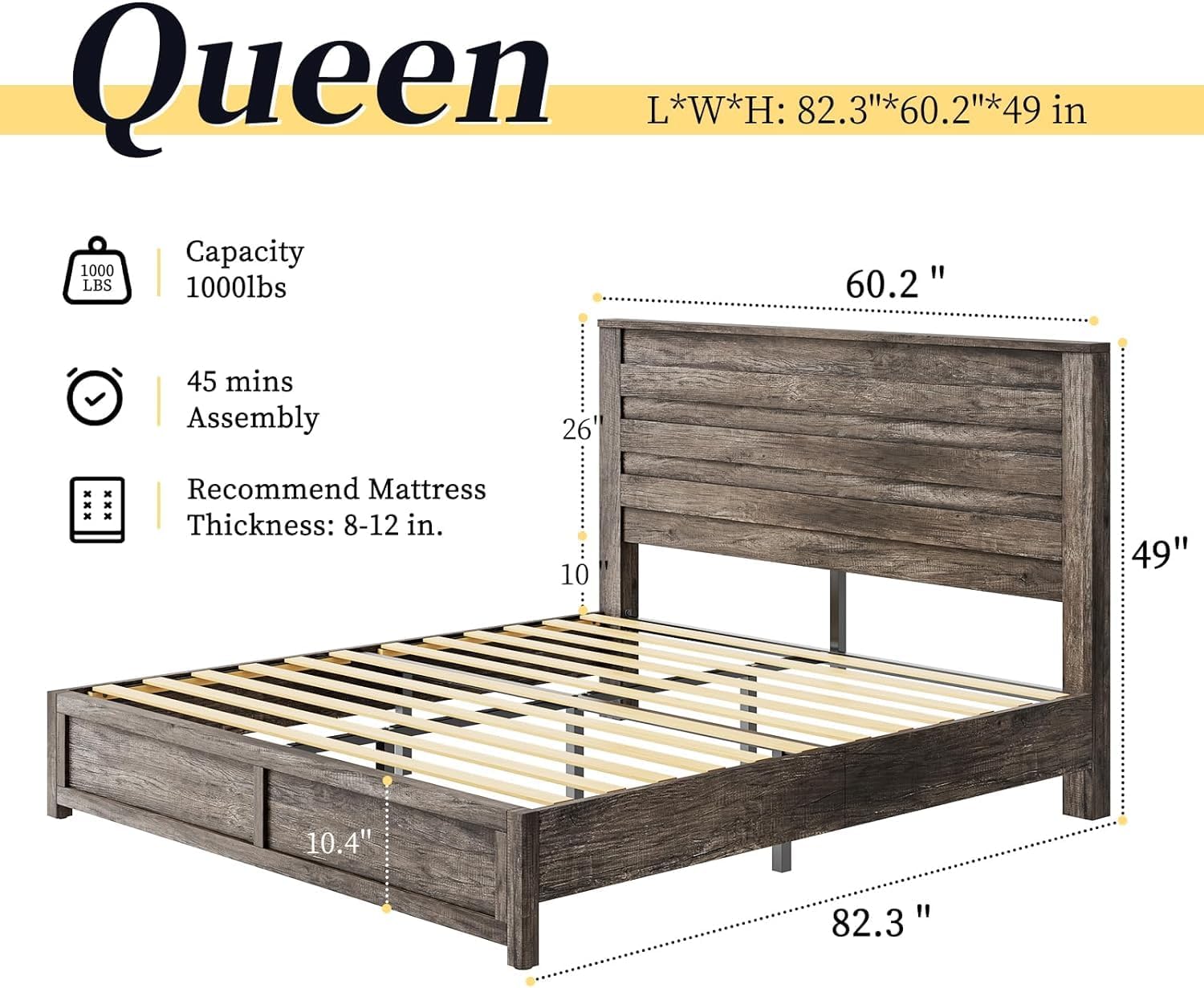 LUXOAK 2 Pcs Bedroom Furniture Sets - Includes 1 X Farmhouse 5 Drawers Dresser, 1X Farmhouse Queen Size Bed Frame with 49' Tall Headboard, Wooden Platform Bed with Hidden Metal Bed Frame, Rustic Grey