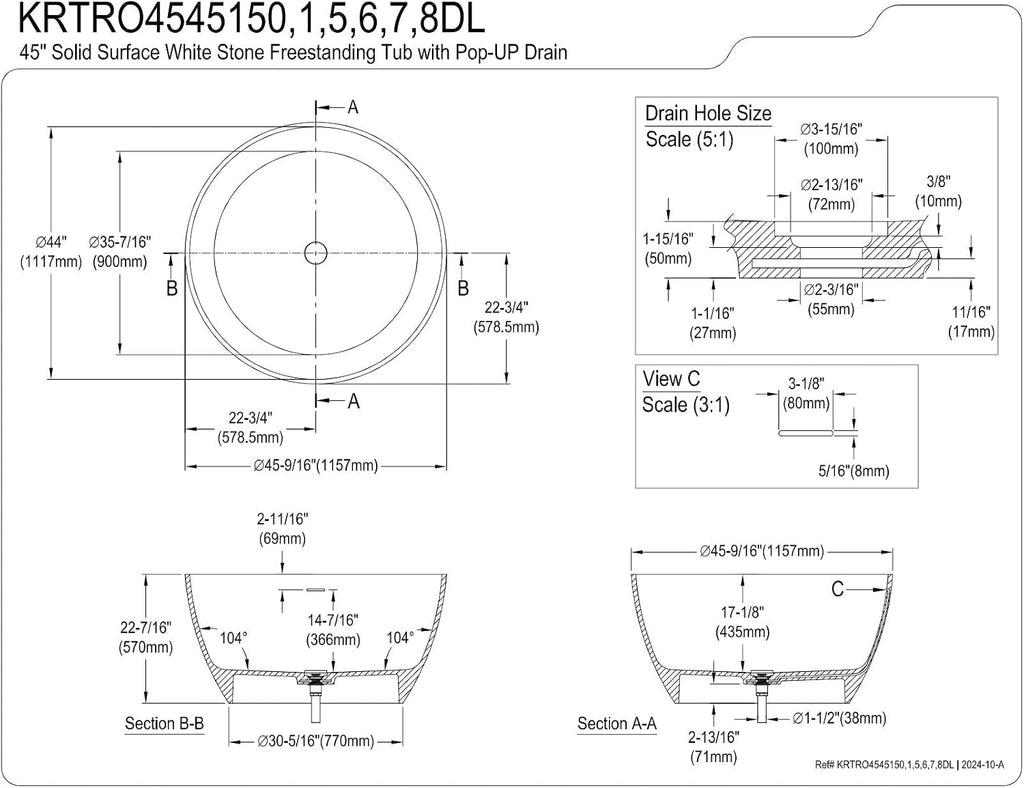Kingston Brass KRTRO4545155DL 45' Solid Surface Round Double Ended Freestanding Tub with Faucet Combo and Drain, Oil Rubbed Bronze