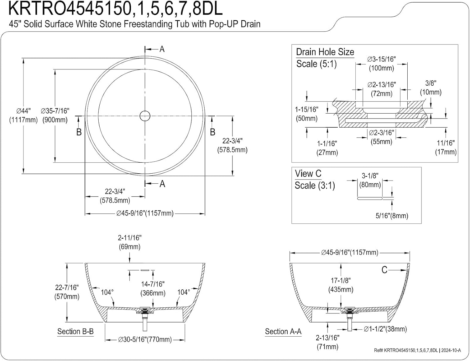 Kingston Brass KRTRO4545155DL 45' Solid Surface Round Double Ended Freestanding Tub with Faucet Combo and Drain, Oil Rubbed Bronze