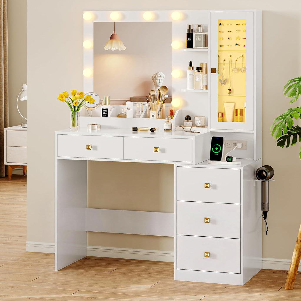 Xixini Vanity Desk with Mirror and Lights, Makeup Vanity Table Set with 5 Storage Drawers, Power Outlet, Small Dressing Table with RGB Ambient Light, Adjustable Brightness for Girls Bedroom, White