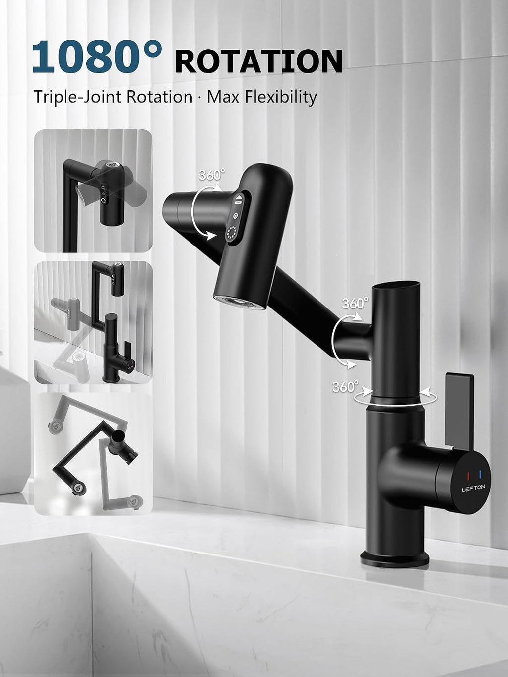 Lefton Rotatable Bathroom Faucet BF2204 with Pop-up Bathroom Sink Drain Stopper Without Overflow D01 (Contemporary, Matte Black)
