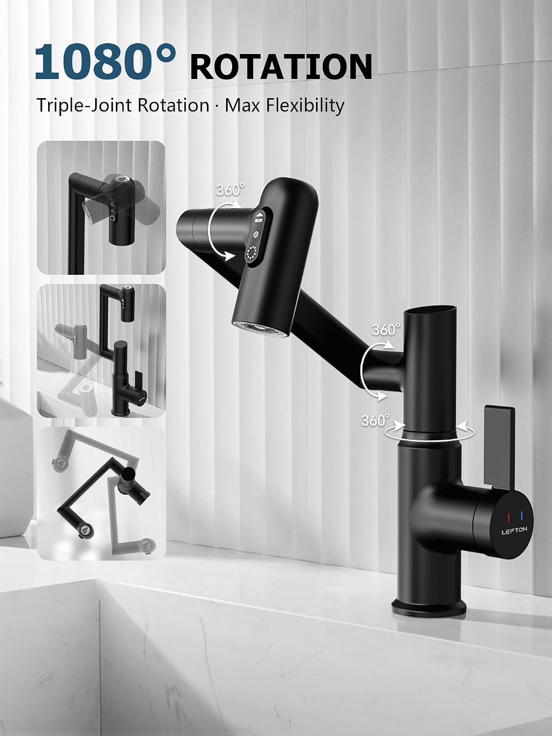 Lefton Rotatable Bathroom Faucet BF2204 with Pop-up Bathroom Sink Drain Stopper Without Overflow D01 (Contemporary, Matte Black)
