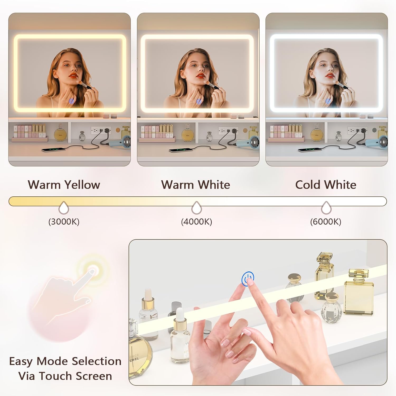 Vanity Desk with Mirror and Lights, White Makeup Vanity Table with 360° Rotating Shelves, Large Vanity Desk with 7 Drawers, Power Outlet, Dressing Table Set with Lighted Mirror Adjustable, for Bedroom