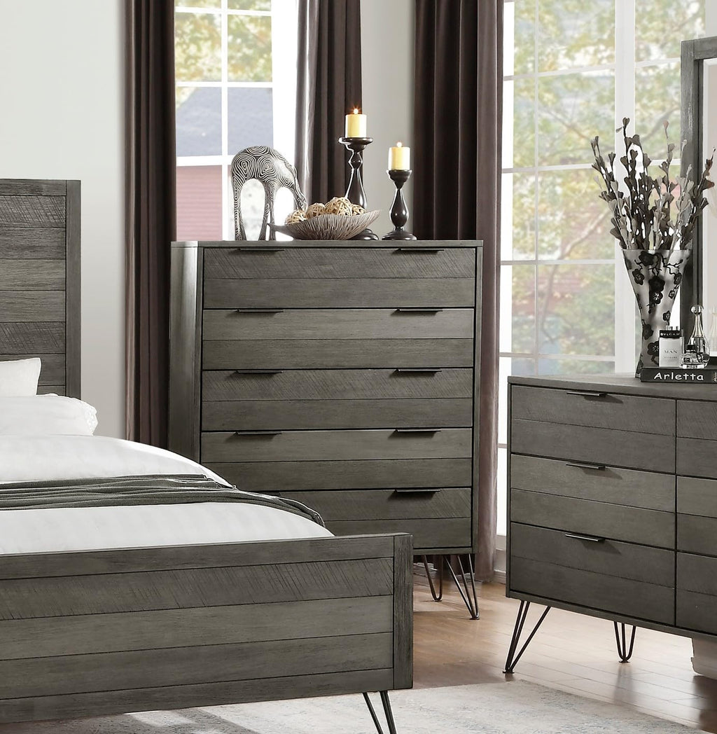 4-Pieces Bed Set Contemporary Style Queen Size Panel Bed Multi Gray Finish Solid Acacia Wood Bedroom Furniture