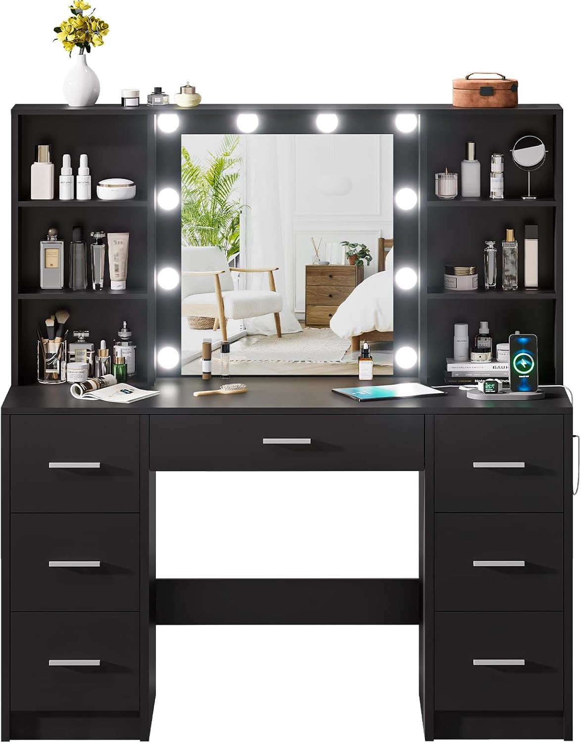 DINGIPP Large Vanity Desk with Mirror, 10 Lights and Power Outlet, Makeup Vanity with Shelves and 7 Drawers, Vanity Desk Dressing Table with 3 Color Light Adjustable, Vanity Table for Bedroom (Black)