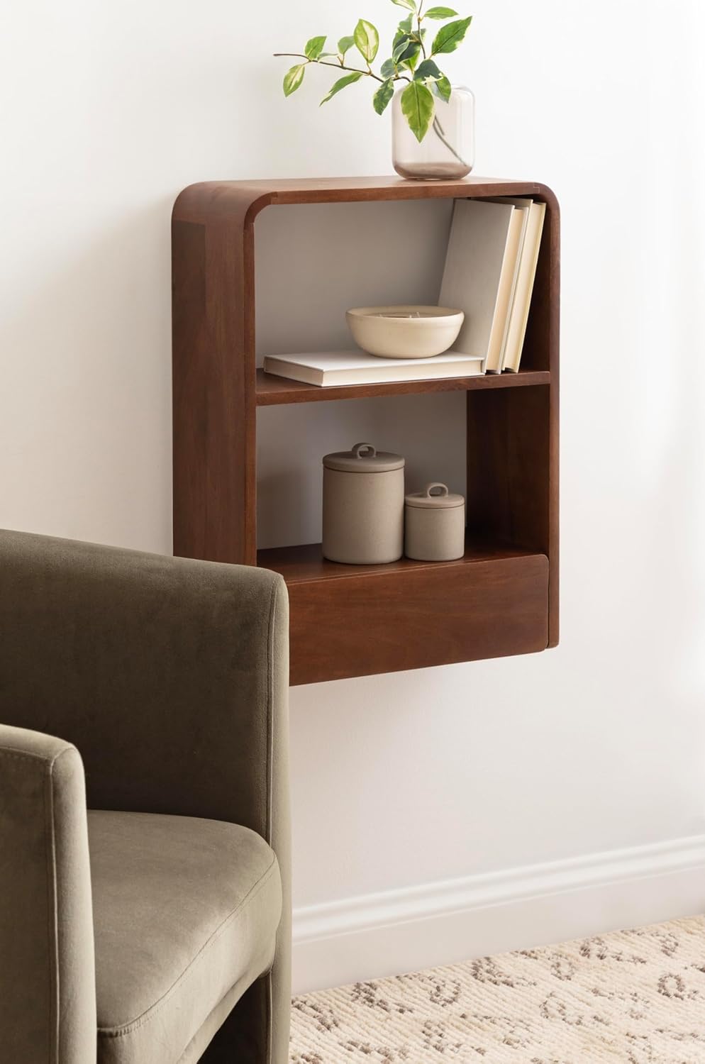 Kate and Laurel Kato Modern Wall Shelf with Drawer; 18 x 24; Walnut Brown; Decorative Over The Toilet Shelf for Use as Bathroom Storage or Living Room Display Shelf
