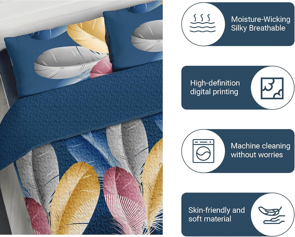 Luxury 9-Piece Blue Feather Queen Light Comforter Set, Bohemian Bed in a Bag Queen Bedspread with Matching Curtains Ultra Soft & Breathable All-Season Decor for Master Suite, Chic Home & Wedding Decor