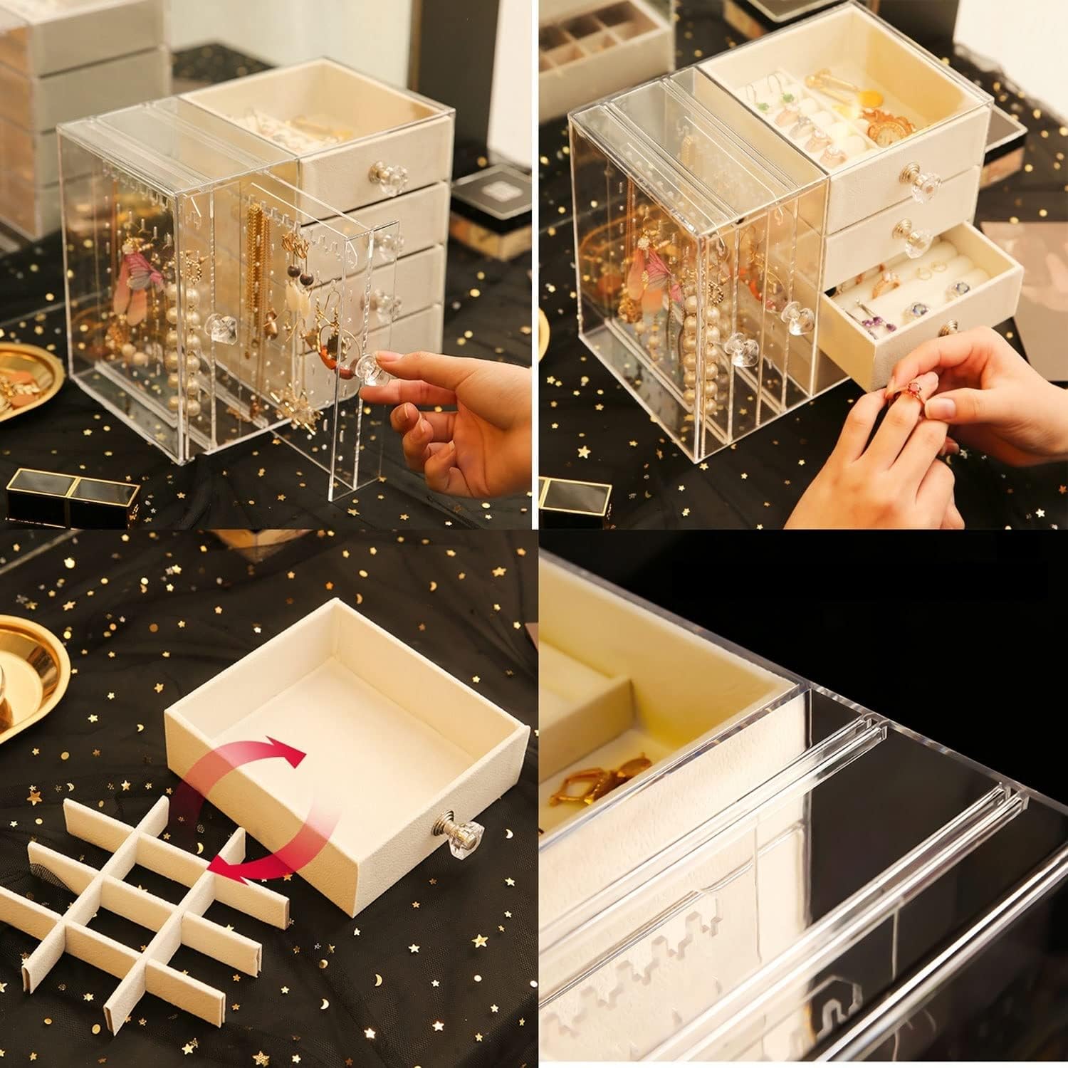 XH Makeup Organizer Hair Accessories Display Case,Desktop Jewelry Storage Box Transparent Earrings Earring Rack,Great for Bathroom Countertop Bedroom Dresser (Beige)