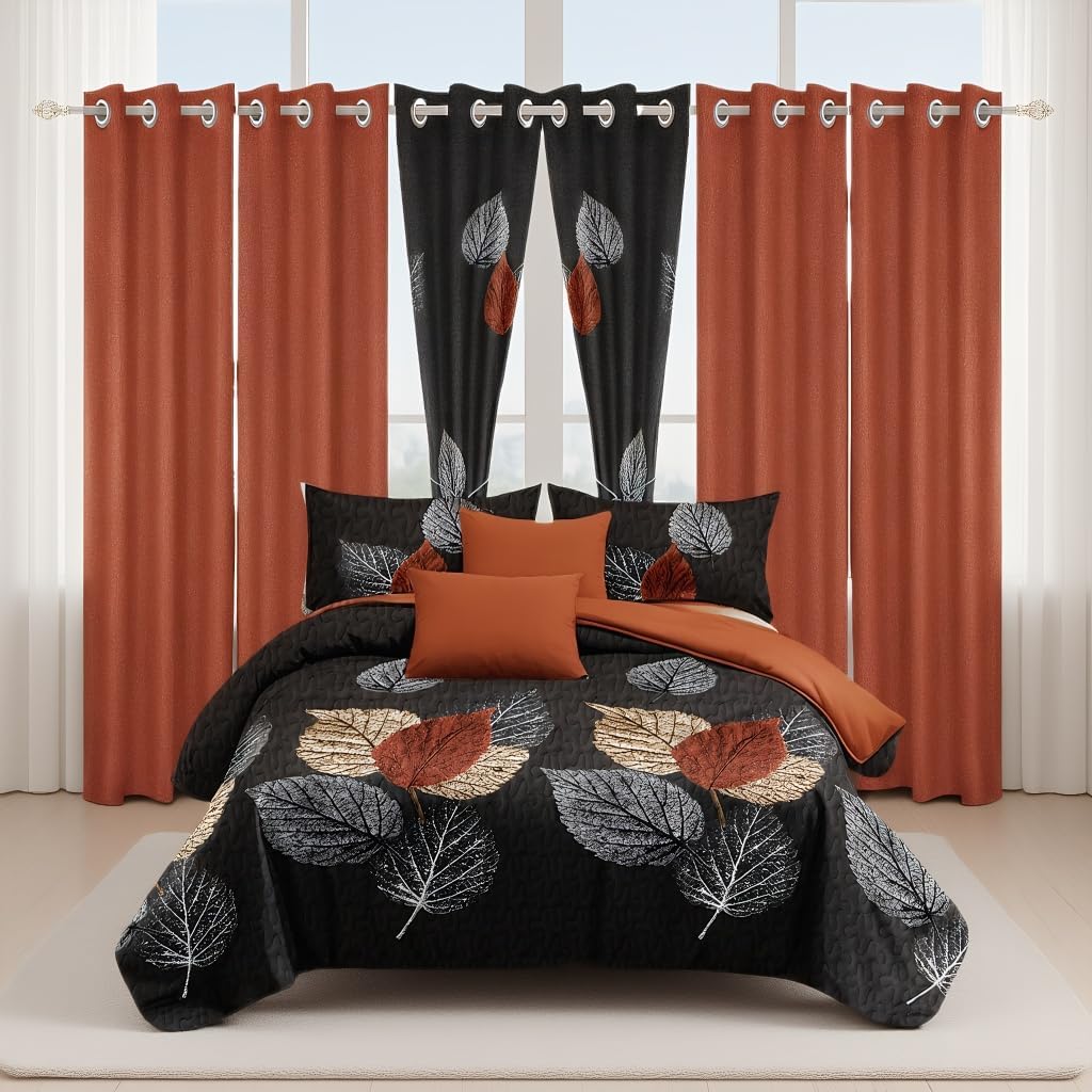Elegance 9-Piece Leaves Queen Light Comforter Set, Luxury Bed in a Bag Queen Bedspread with Matching Curtains Ultra Soft & Breathable Black Brown Floral Bedding, All-Season Decor for Master Suite
