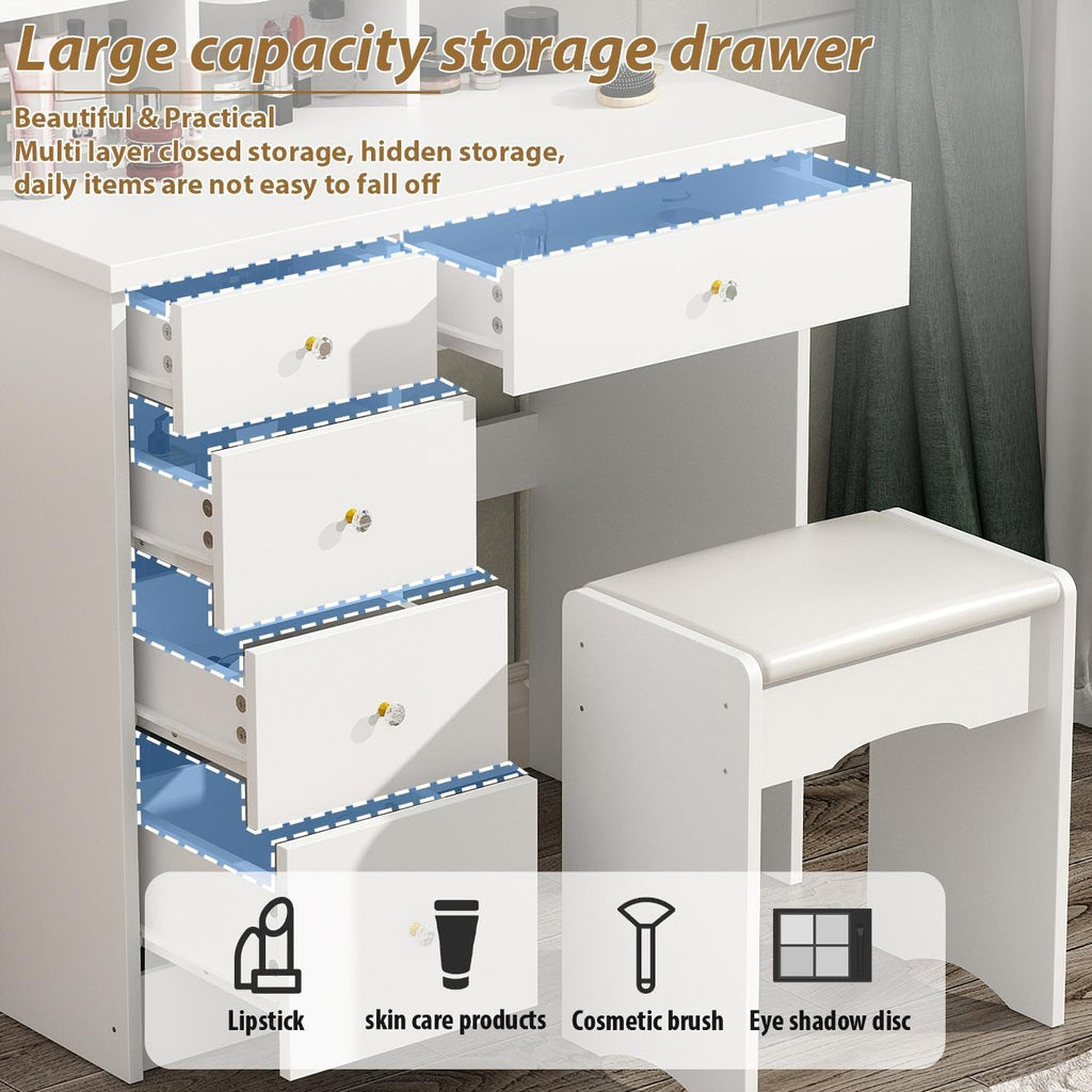 FUFU&GAGA Vanity Set with Rectangular Mirror, Makeup Vanity Dressing Table with 5 Drawers, Shelves, Dresser Desk and Cushioned Stool Set (B White/Lighted Mirror)