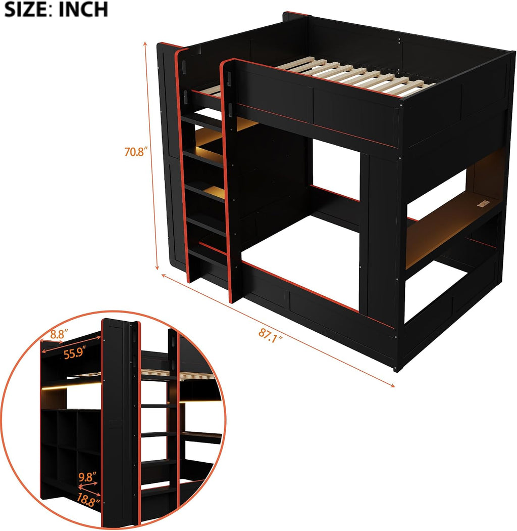 RUNNA Full Size Wood Gaming Bunk Bed with Desk, Storage Shelves, LED and Charging Station, Study & Play Space for Kids & Teens