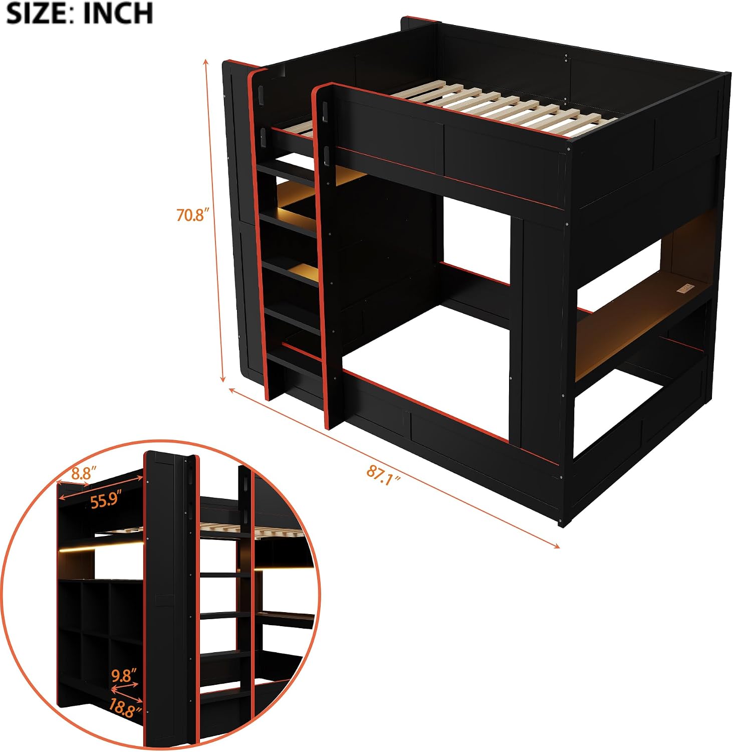 RUNNA Full Size Wood Gaming Bunk Bed with Desk, Storage Shelves, LED and Charging Station, Study & Play Space for Kids & Teens