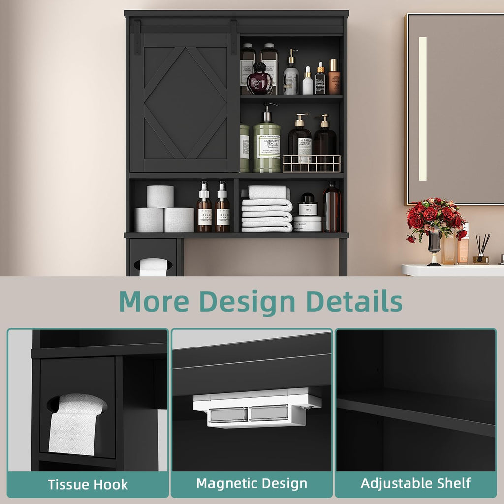 Over the Toilet Storage Cabinet with Farmhouse Sliding Barn Door, Above Toilet Organizer with Toilet Paper Holder Stand, Behind Toilet Shelf, Space Saver for Restroom, Bathroom, Laundry, Black