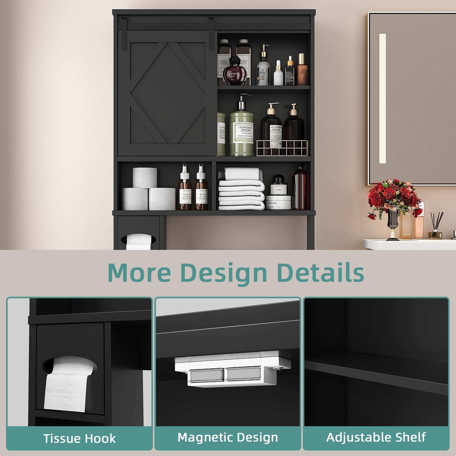 Over the Toilet Storage Cabinet with Farmhouse Sliding Barn Door, Above Toilet Organizer with Toilet Paper Holder Stand, Behind Toilet Shelf, Space Saver for Restroom, Bathroom, Laundry, Black