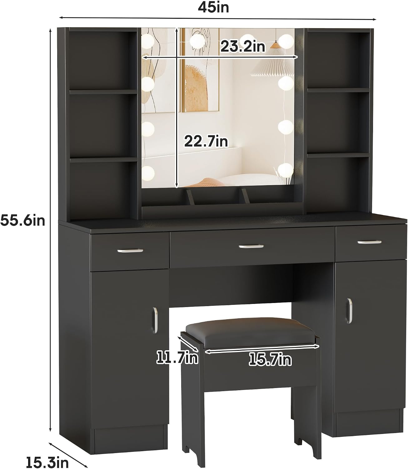 Vabches Vanity Desk with Lighted Mirror, Large Makeup Vanity Table Set with 3 Drawers & 2Cabinets, 3 Lighting Modes, Black Dress Table with Storage Stool, 45.2inch (W)
