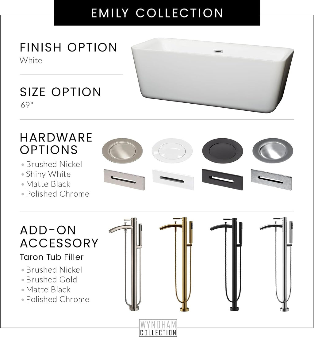 Emily 69 inch Freestanding Bathtub in White with Polished Chrome Drain and Overflow Trim