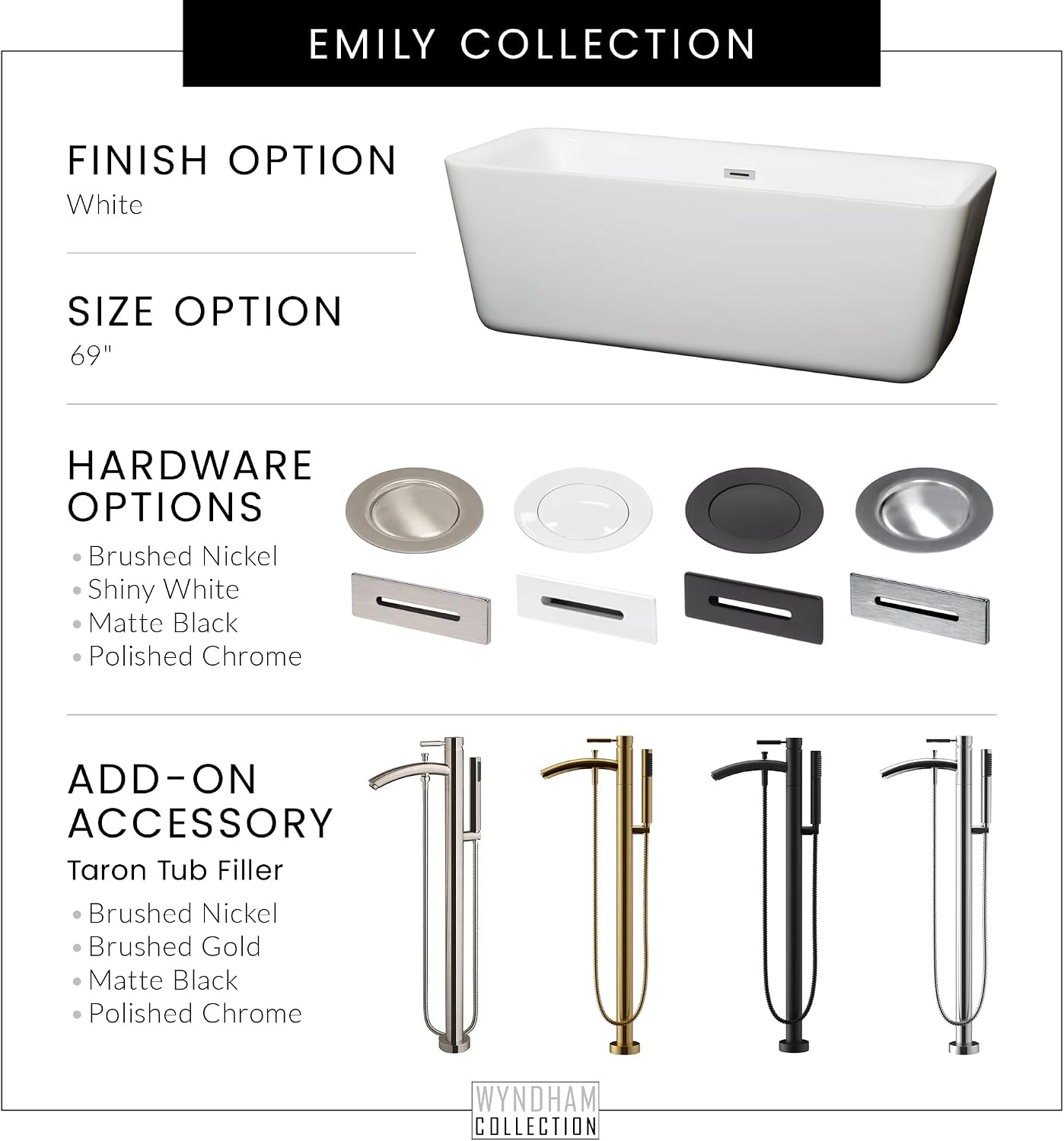 Emily 69 inch Freestanding Bathtub in White with Polished Chrome Drain and Overflow Trim