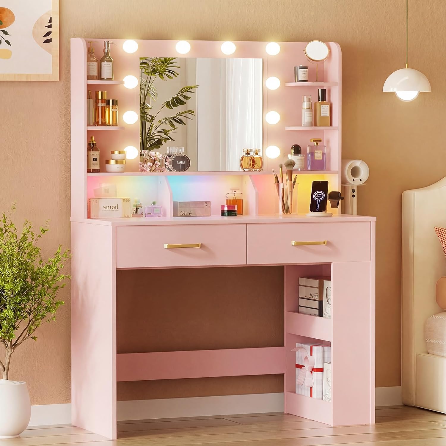 COMHOMA Vanity Desk with Lighted Mirror and Power Outlet, RGB LED Lights Makeup Vanity Set for Girls, Large Storage Capacity Dressing Table for Bedroom, 3 Lighting Modes Adjustable Brightness, Pink
