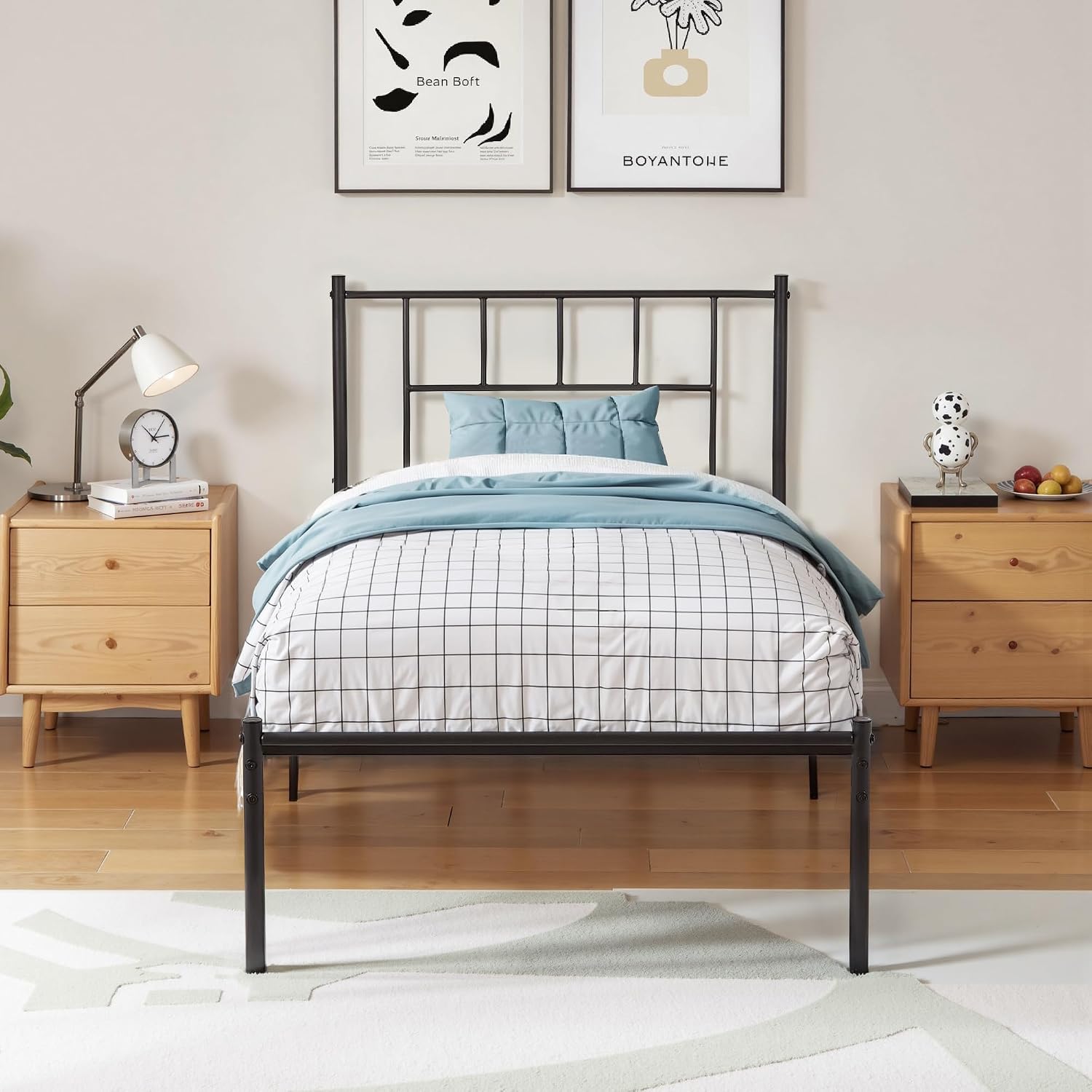 VECELO Twin Metal Platform Bed Frame with Headboard, Heavy Duty Steel Slats, No Box Spring Needed,Easy Assembly, Modern Minimalist Design, 2 PCS