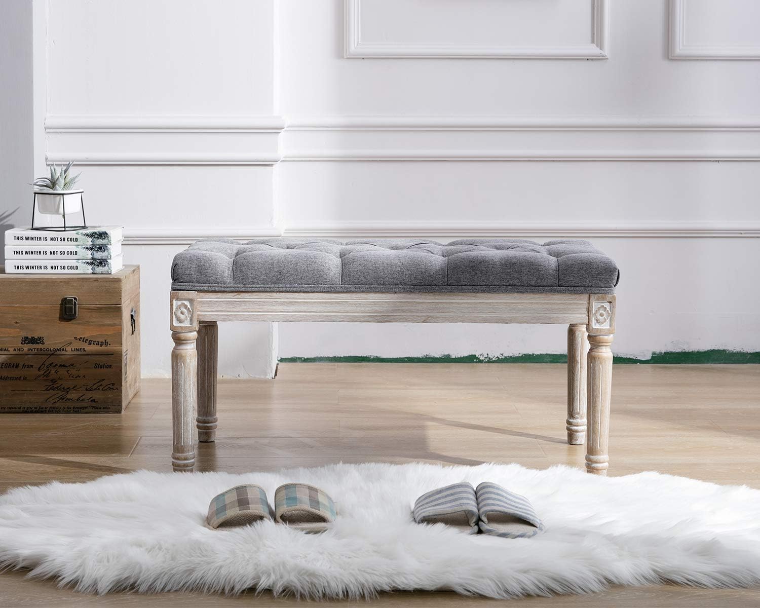 Kmax Tufted Entryway Bench, Upholstered Rustic Ottoman Bench, 31.5' x 15.75' x 15.7' Gray