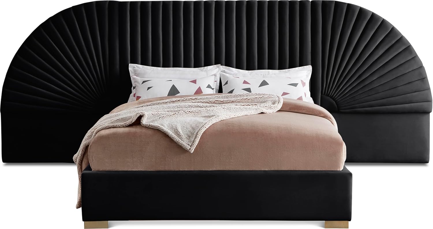 Meridian Furniture Cleo Collection Modern | Contemporary Velvet Upholstered Bed with Gold Steel Legs and Removable Panels, Queen, Black