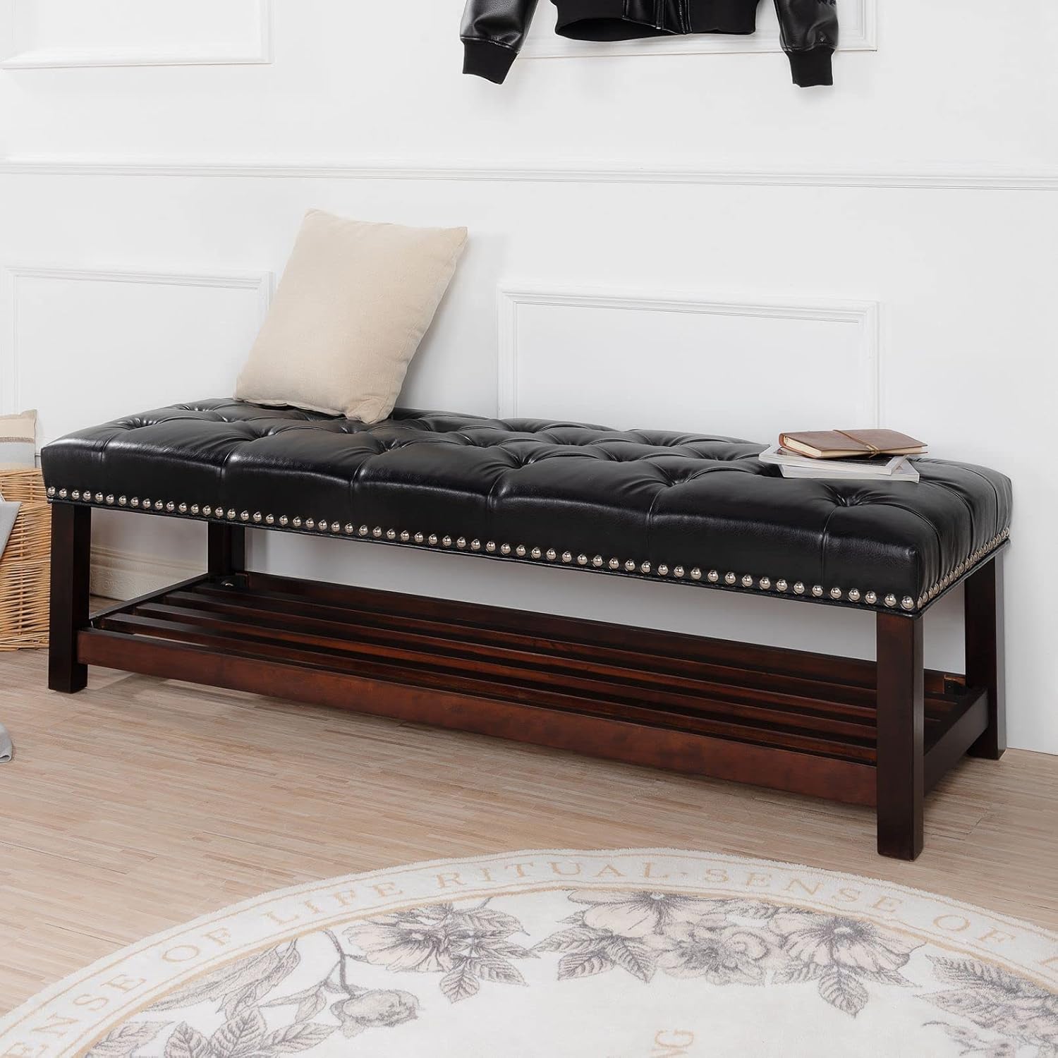 60in Button-Tufted Leather Indoor Bench,Black Upholstered Shoe Bench Entryway, Bedroom Bench Seat, End of Bed Ottoman, Vanity Bench with Wooden Base Shoes Rack (Brown+Wooden)(Black+Wooden)