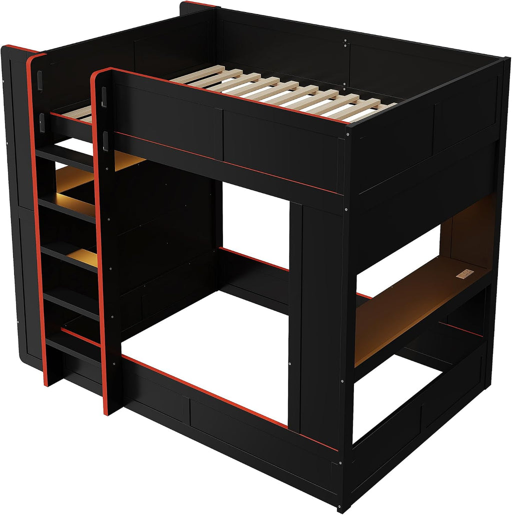 RUNNA Full Size Wood Gaming Bunk Bed with Desk, Storage Shelves, LED and Charging Station, Study & Play Space for Kids & Teens