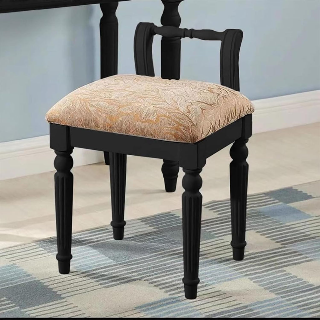 Vintage Vanity Stool, Solid Wood Vanity Bench Chair with Carved Legs, Low Back Piano Stool for Living Room Bedroom Makeup Room (Black)