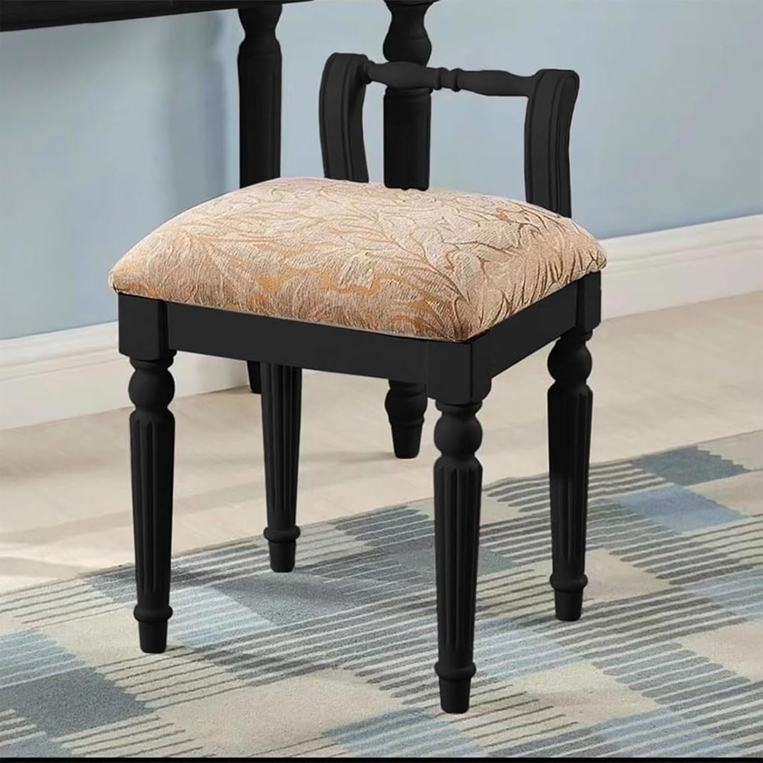 Vintage Vanity Stool, Solid Wood Vanity Bench Chair with Carved Legs, Low Back Piano Stool for Living Room Bedroom Makeup Room (Black)