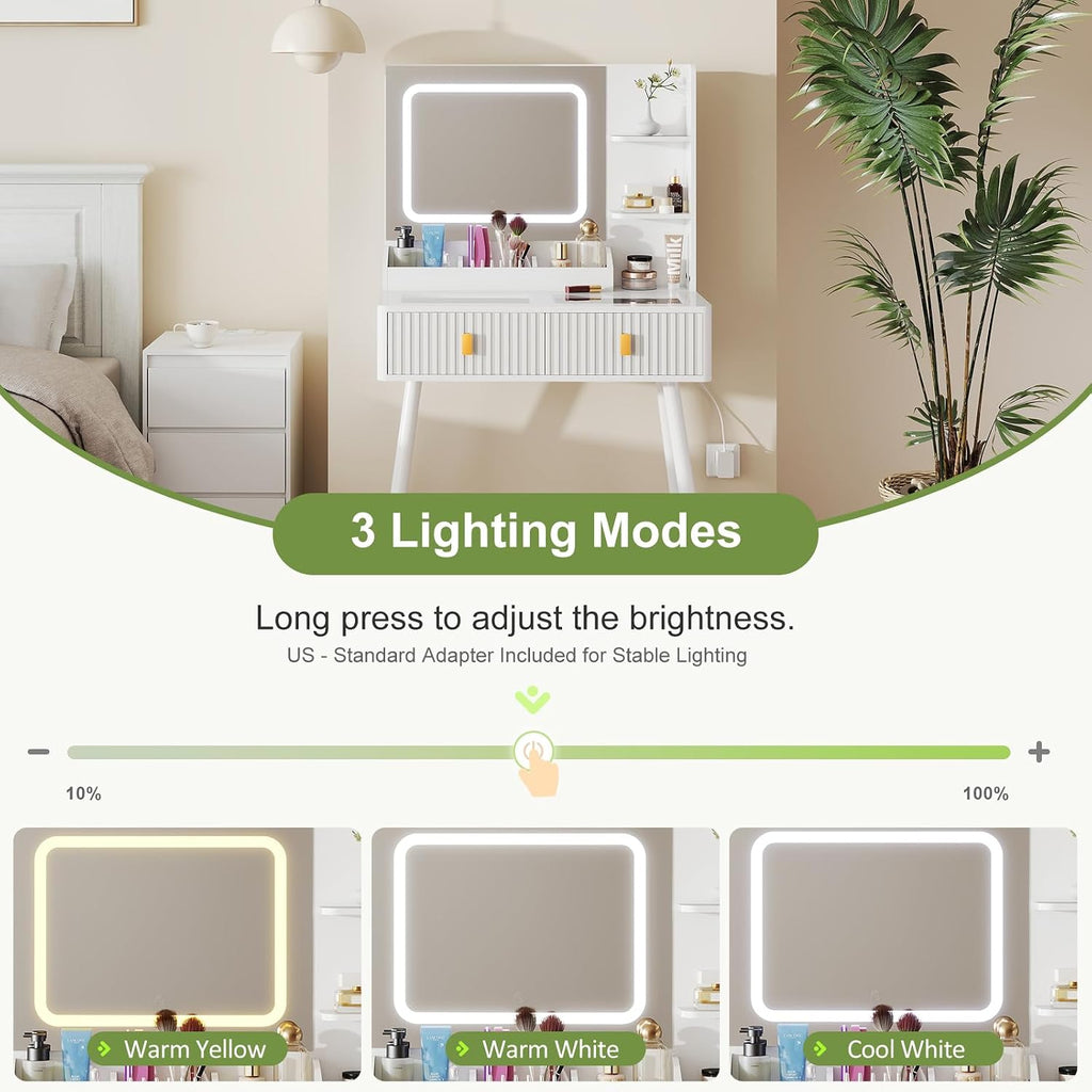 GOODONE 31.5' Fluted Vanity Desk with Mirror LED Lights, Makeup Desk with 2 Drawers, Furniture Clearance Outlet Dressing Table with Glass Top Built-in Dividers for Bedroom, 31.5*15.7*53.8in(White)