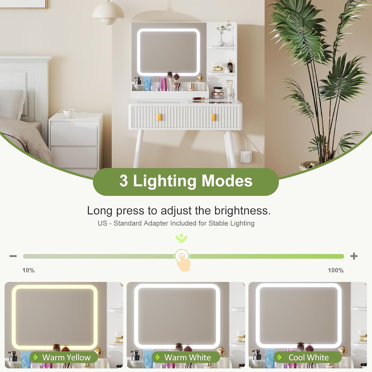 GOODONE 31.5' Fluted Vanity Desk with Mirror LED Lights, Makeup Desk with 2 Drawers, Furniture Clearance Outlet Dressing Table with Glass Top Built-in Dividers for Bedroom, 31.5*15.7*53.8in(White)