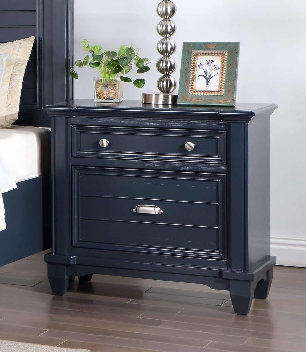 MASARA Transitional 3-Piece Bedroom Set in Slate Blue, Solid Wood Panel Bed with Storage Footboard, Queen/King/California King with 2 Nightstands (Queen)