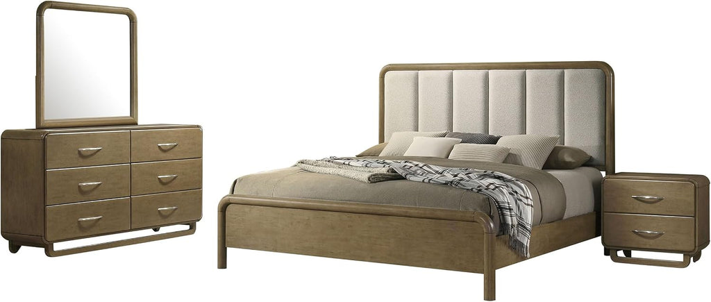 Coaster Home Furnishings Amsbury Transitional 4-Piece Bedroom Set Boucle Upholstered Queen Size Panel Bed Frame 59-inch Headboard Nutmeg 224271Q-S4