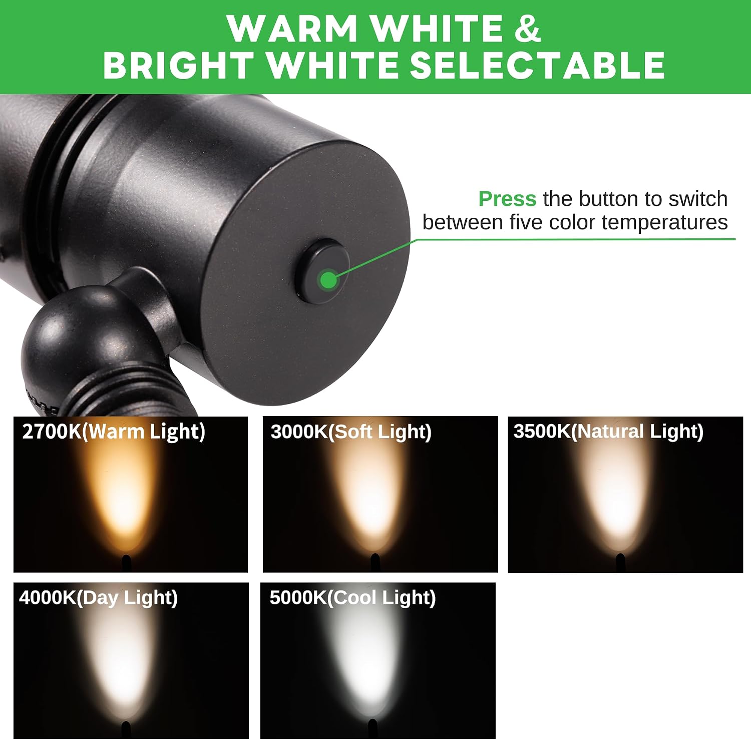 Landscape Spotlights Low Voltage - Warm & Cool White Uplight Adjustable Temp, 12V Outdoor LED Spot Lights Wired, IP65 Waterproof Aluminum, Black for Exterior House Tree Garden Yard
