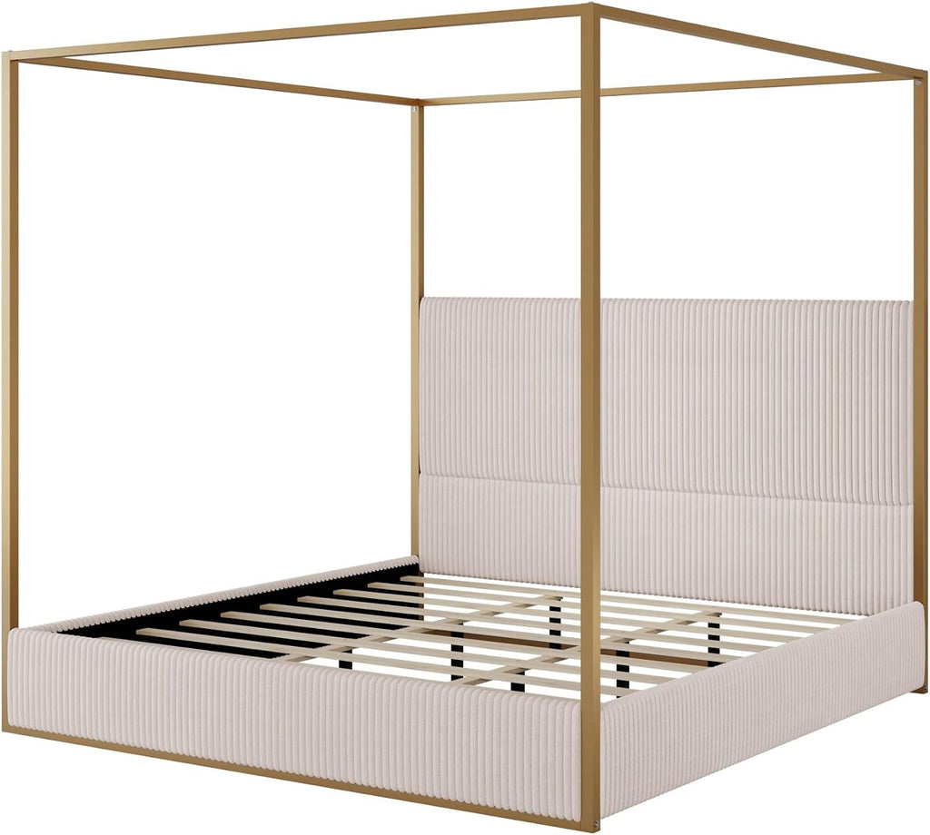 Harper & Bright Designs Luxury Canopy Bed with Tall Corduroy Upholstered Headboard, King Size Upholstered Canopy Bed with Wood Slat Support and Four Poster, No Box Spring Needed, Gold + Beige